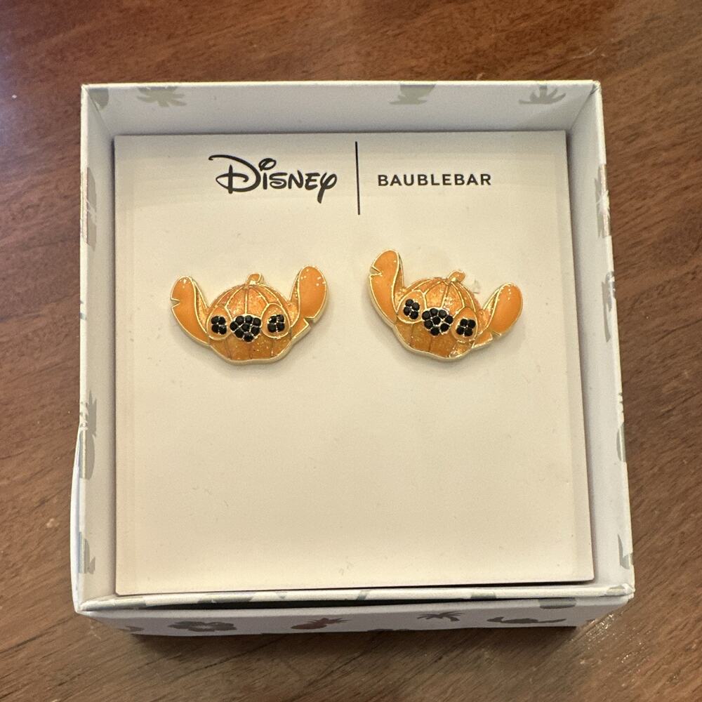 ⁠NIB Disney x BaubleBar Stitch Halloween Pumpkin Stud Earrings Enamel Crystals⁠